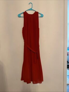 Orange Pleated Sleeveless Midi Dress